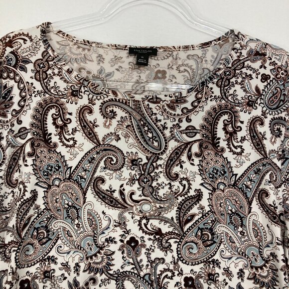 Ann Taylor size XL Brown White Paisley Stretch Knit Long Sleeve Pullover Top - Picture 3 of 9